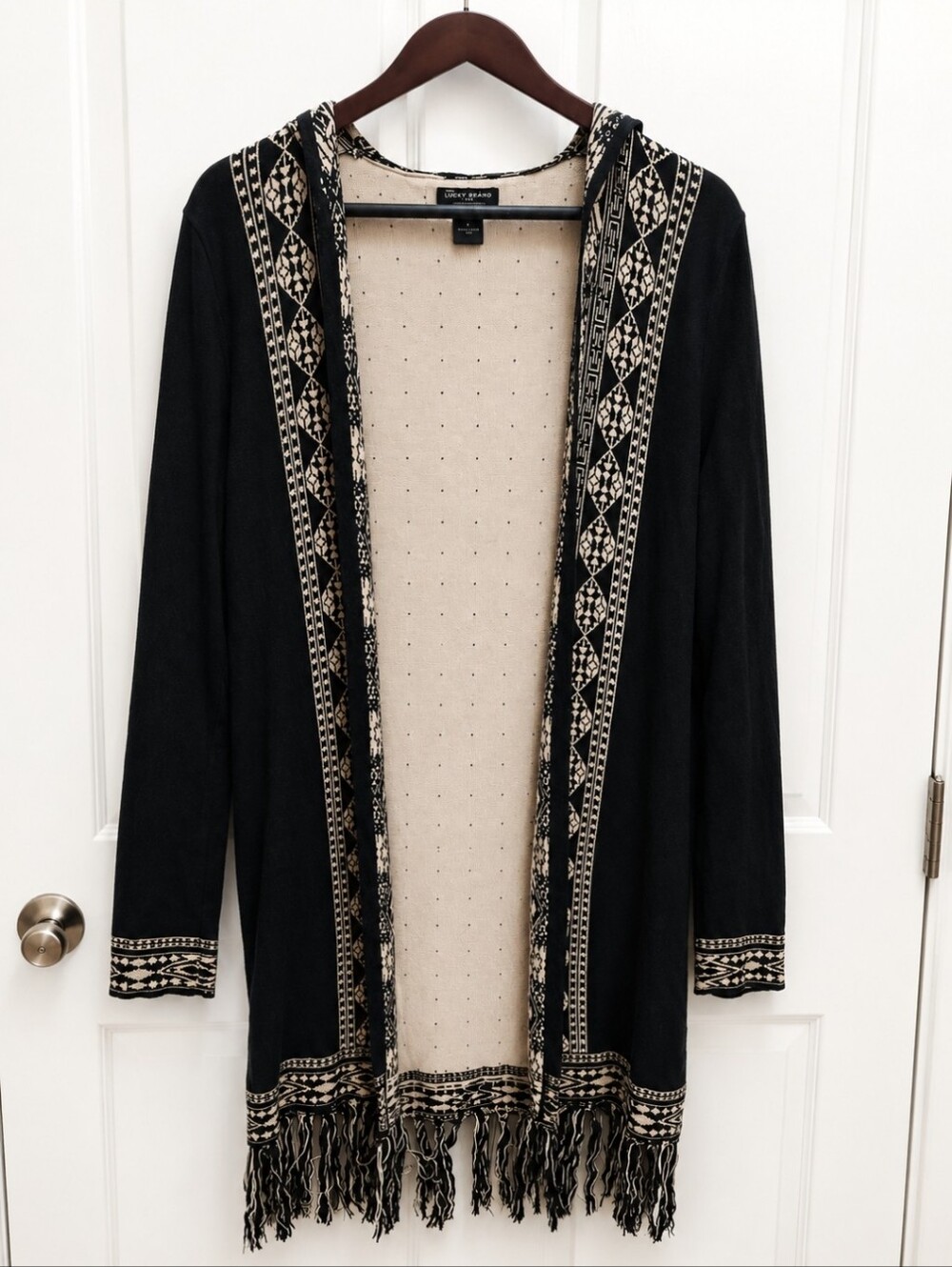 Lucky Brand Black Cream Southwestern Fringe Cardigan Sweater Boho Sz Med